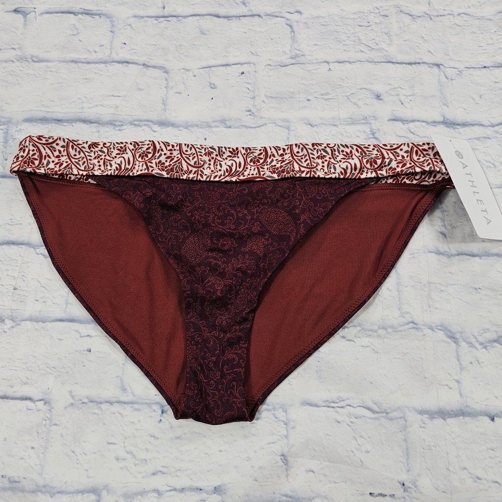 Athleta Bikini Bottoms Women L Burgundy Batik Aqualuxe Mid Rise Swimwear 453784